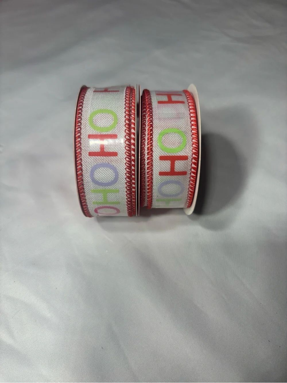 2 New Festive 'HO HO HO' Ribbon Rolls - White with Red Trim 1” x 12’